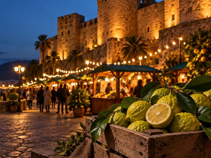 Sera di festa sotto le mura del Castello Aragonese con una cassetta di bergamotti freschi